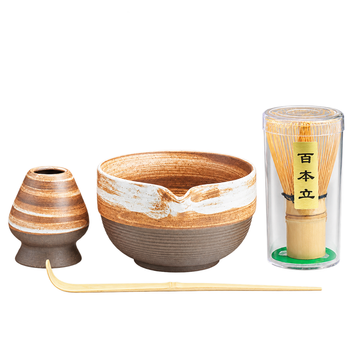 Hoshi-jaya matcha set with a brown bowl, whisk holder, bamboo whisk and bamboo scoop