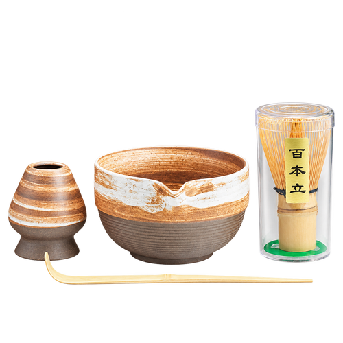 Hoshi-jaya matcha set with a brown bowl, whisk holder, bamboo whisk and bamboo scoop
