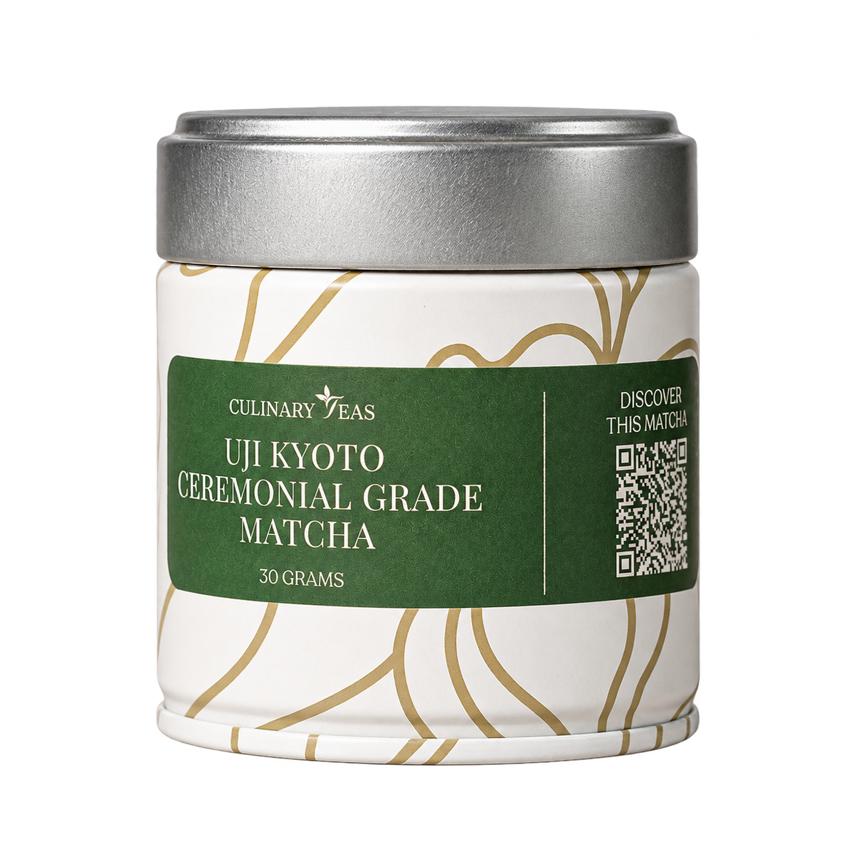 Tin of Uji Kyoto ceremonial-grade matcha with a green label and silver lid