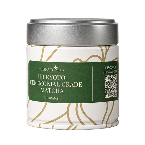 Tin of Uji Kyoto ceremonial-grade matcha with a green label and silver lid