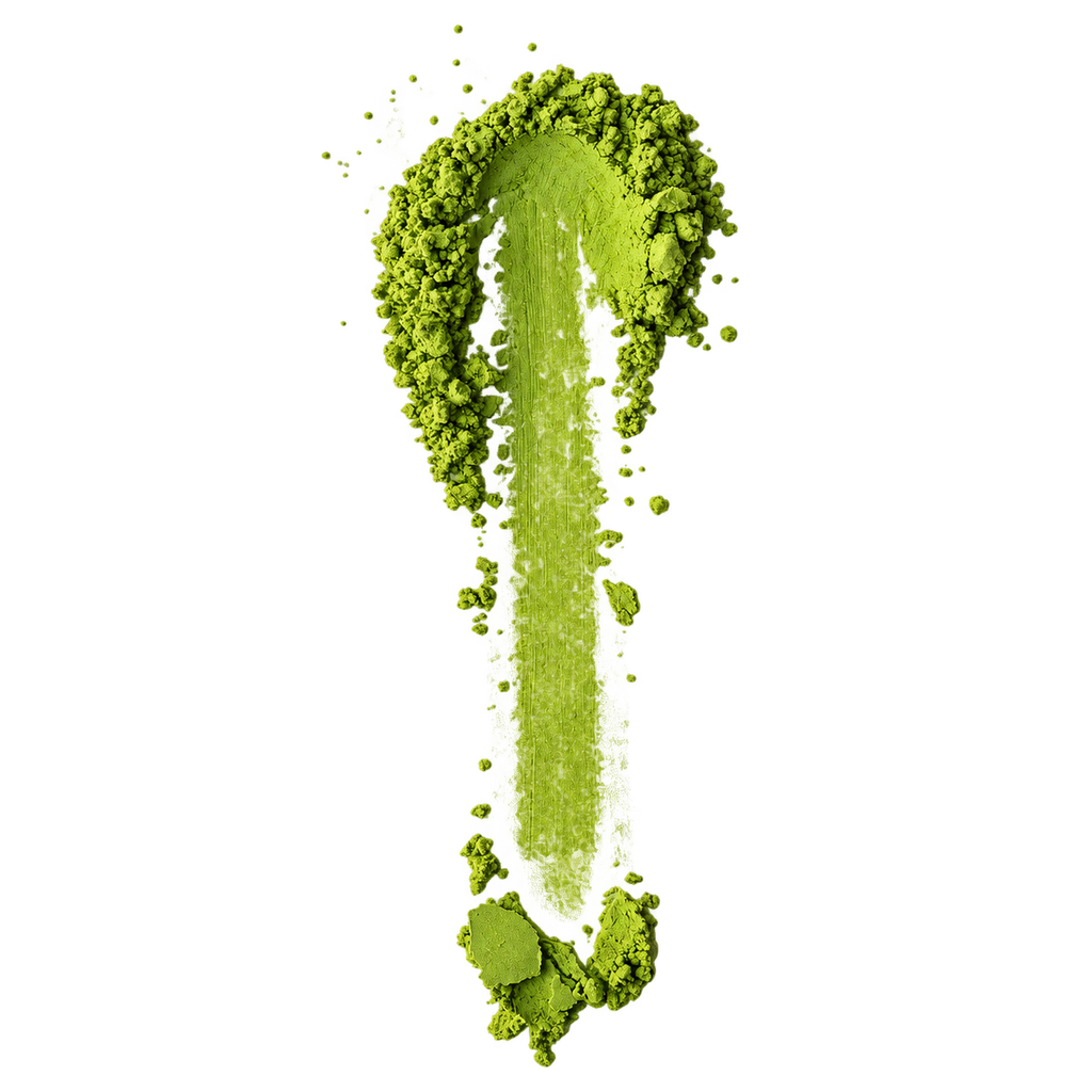 Green Uji matcha powder arranged around a spoon-shaped imprint