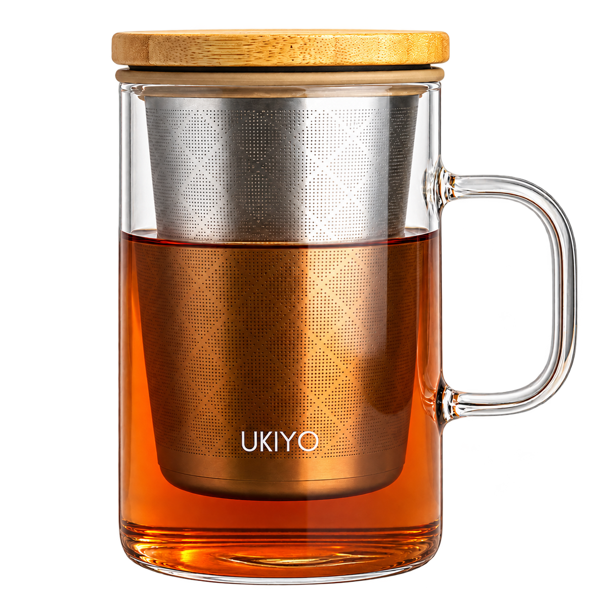 Ukiyo glass tea mug filled with amber tea, with a stainless steel infuser basket and wooden lid