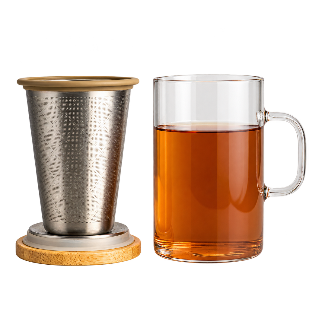 Ukiyo glass mug of tea beside its removed stainless steel infuser resting on the wooden lid