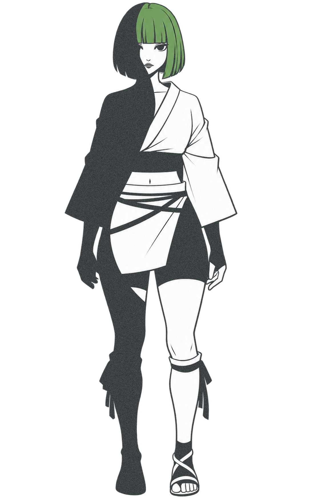 Macha in a black-and-white split-shadow illustration with sage-green bob