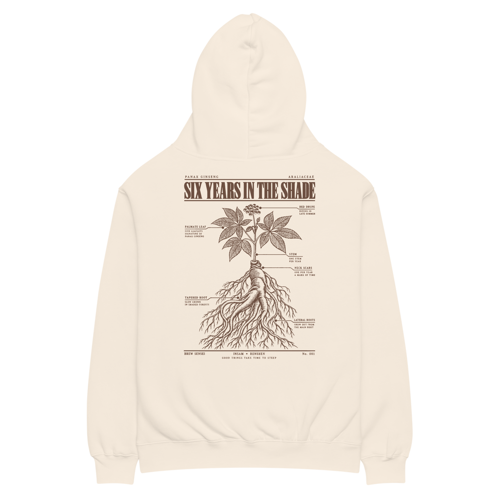 Back of the cream Panax Ginseng hoodie with the Six Years in the Shade botanical root illustration