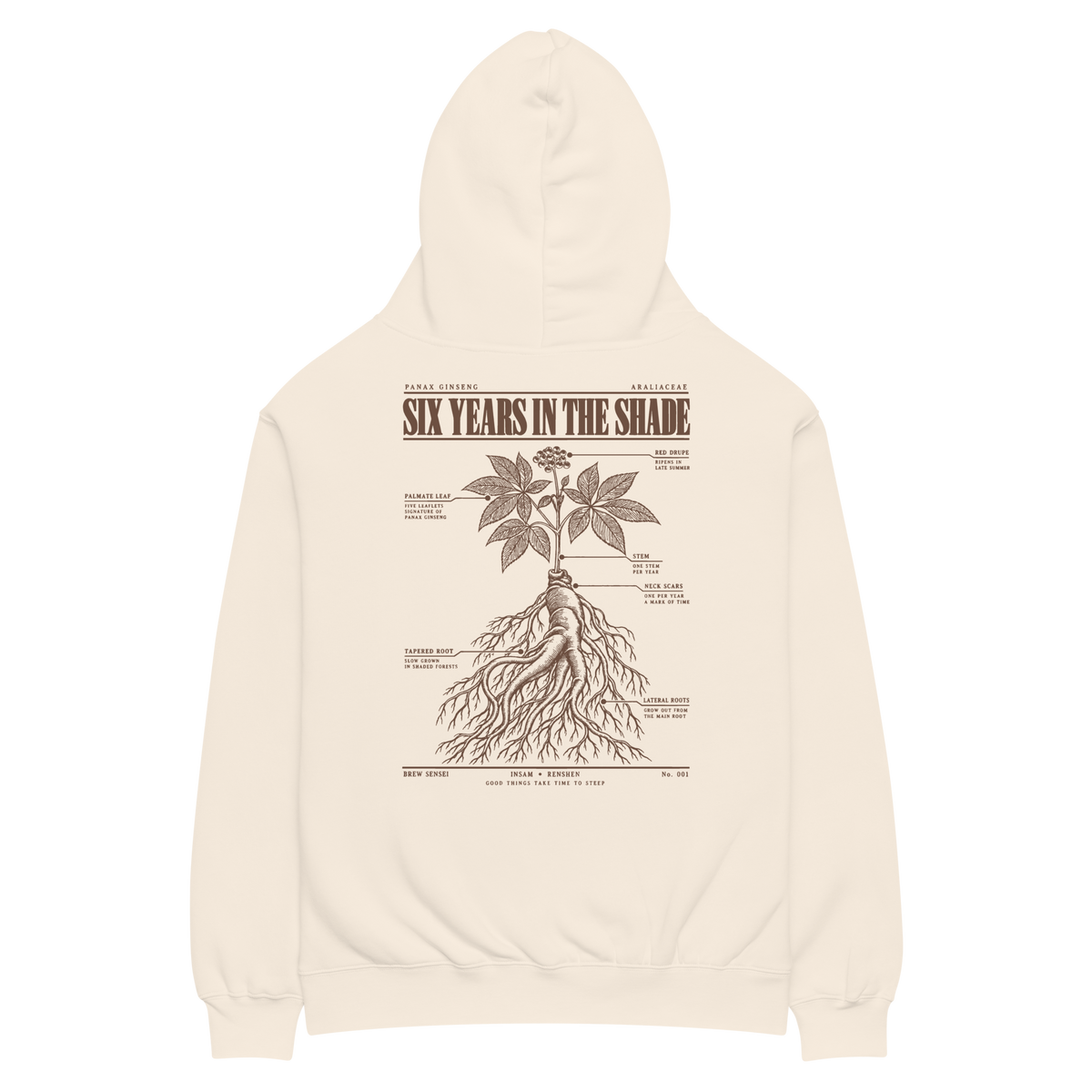 Back of the cream Panax Ginseng hoodie with the Six Years in the Shade botanical root illustration