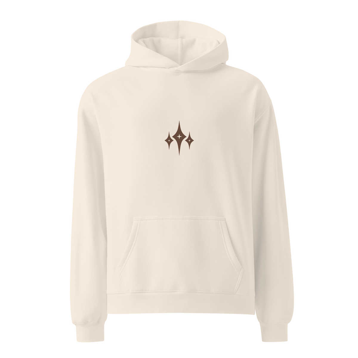 Cream Panax Ginseng hoodie shown from the front with the Kirameki chest mark and kangaroo pocket