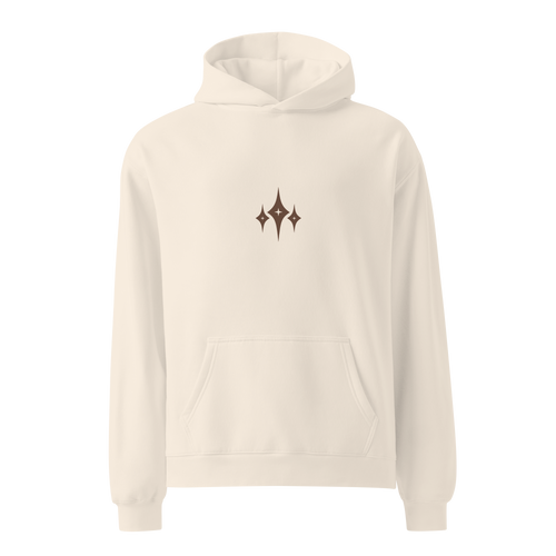 Cream Panax Ginseng hoodie shown from the front with the Kirameki chest mark and kangaroo pocket