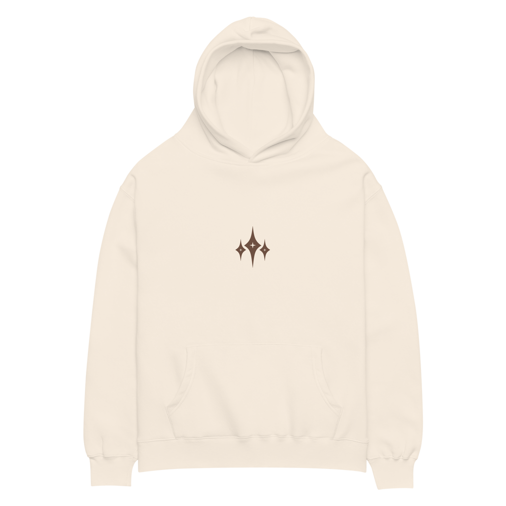 Front of the cream Panax Ginseng hoodie laid flat, with an open hood and Kirameki chest mark