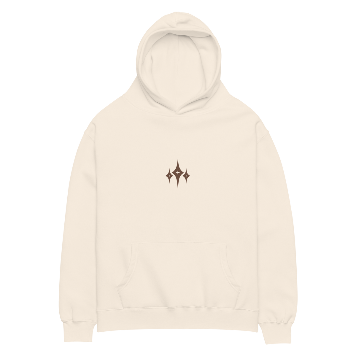Front of the cream Panax Ginseng hoodie laid flat, with an open hood and Kirameki chest mark