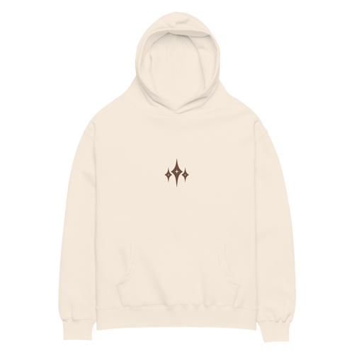 Front of the cream Panax Ginseng hoodie laid flat, with an open hood and Kirameki chest mark