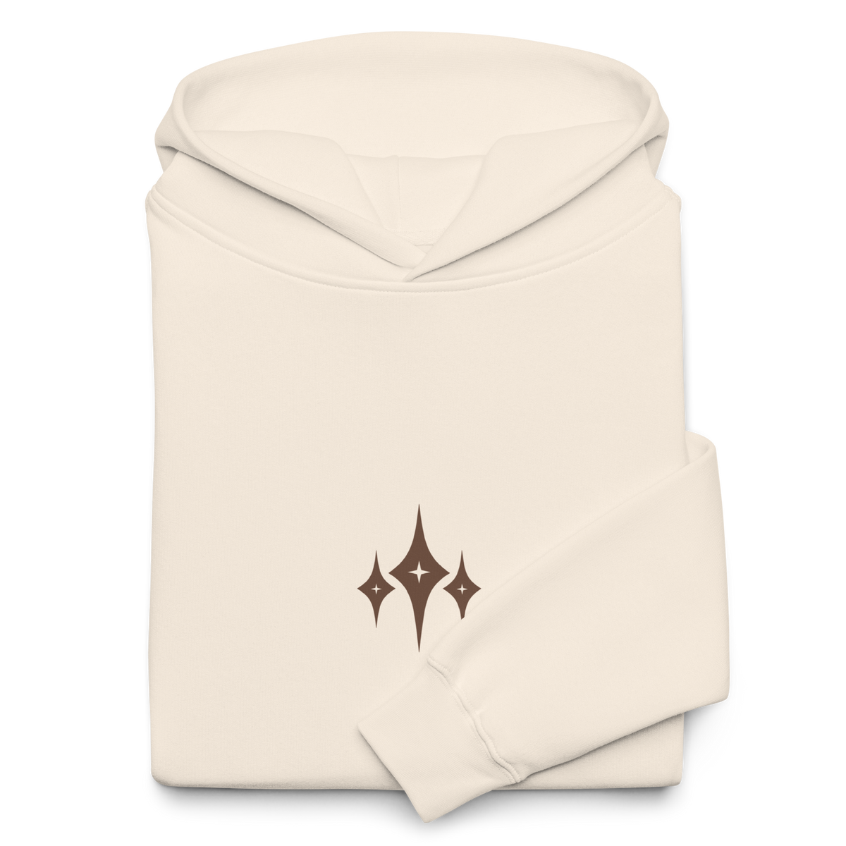 Folded cream Panax Ginseng hoodie showing the Kirameki chest mark