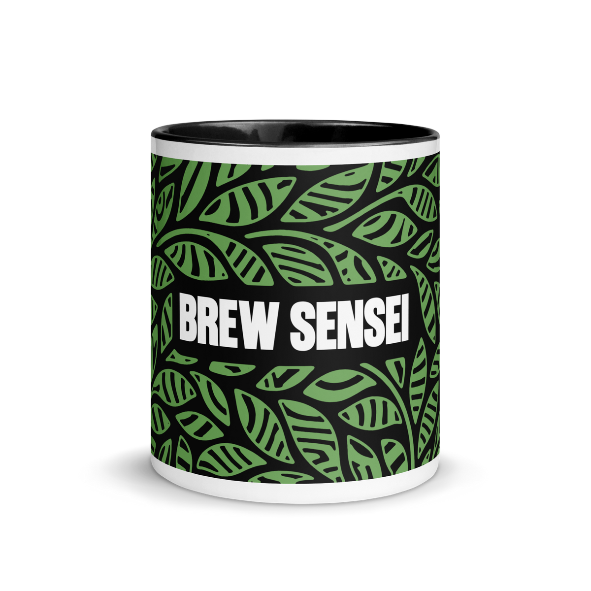 Suminagashi Green Leaf Mug with green-and-black leaf pattern, Brew Sensei wordmark and black interior