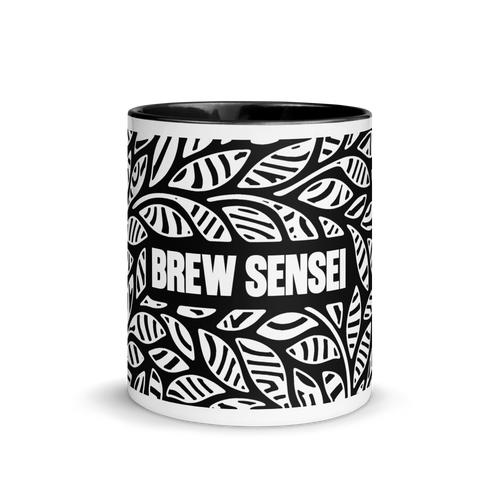 Front of the Suminagashi Black Leaf Mug with black-and-white leaf pattern and Brew Sensei wordmark