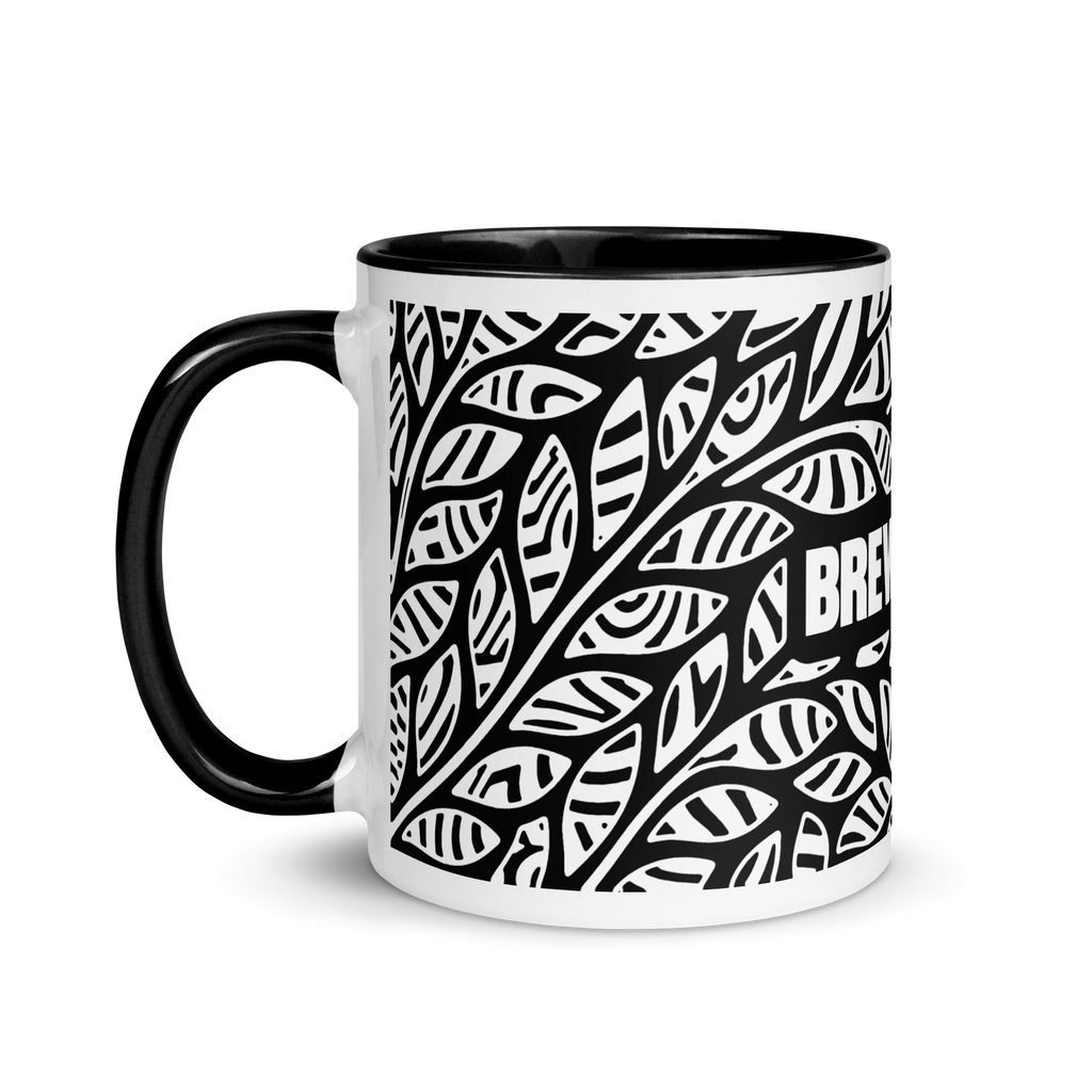 Suminagashi Black Leaf Mug viewed from the left, showing the black handle and wraparound leaf pattern