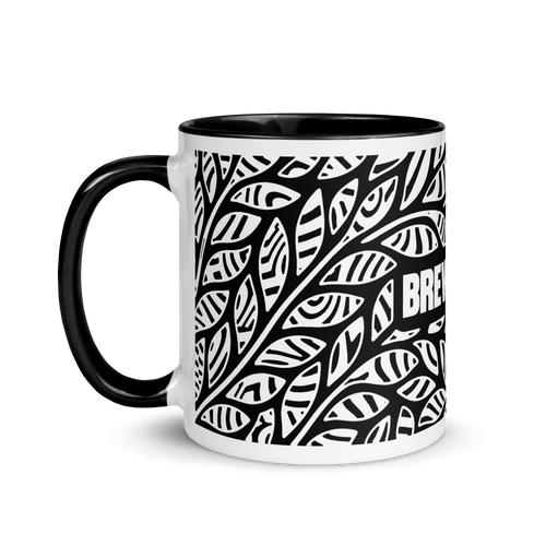 Suminagashi Black Leaf Mug viewed from the left, showing the black handle and wraparound leaf pattern