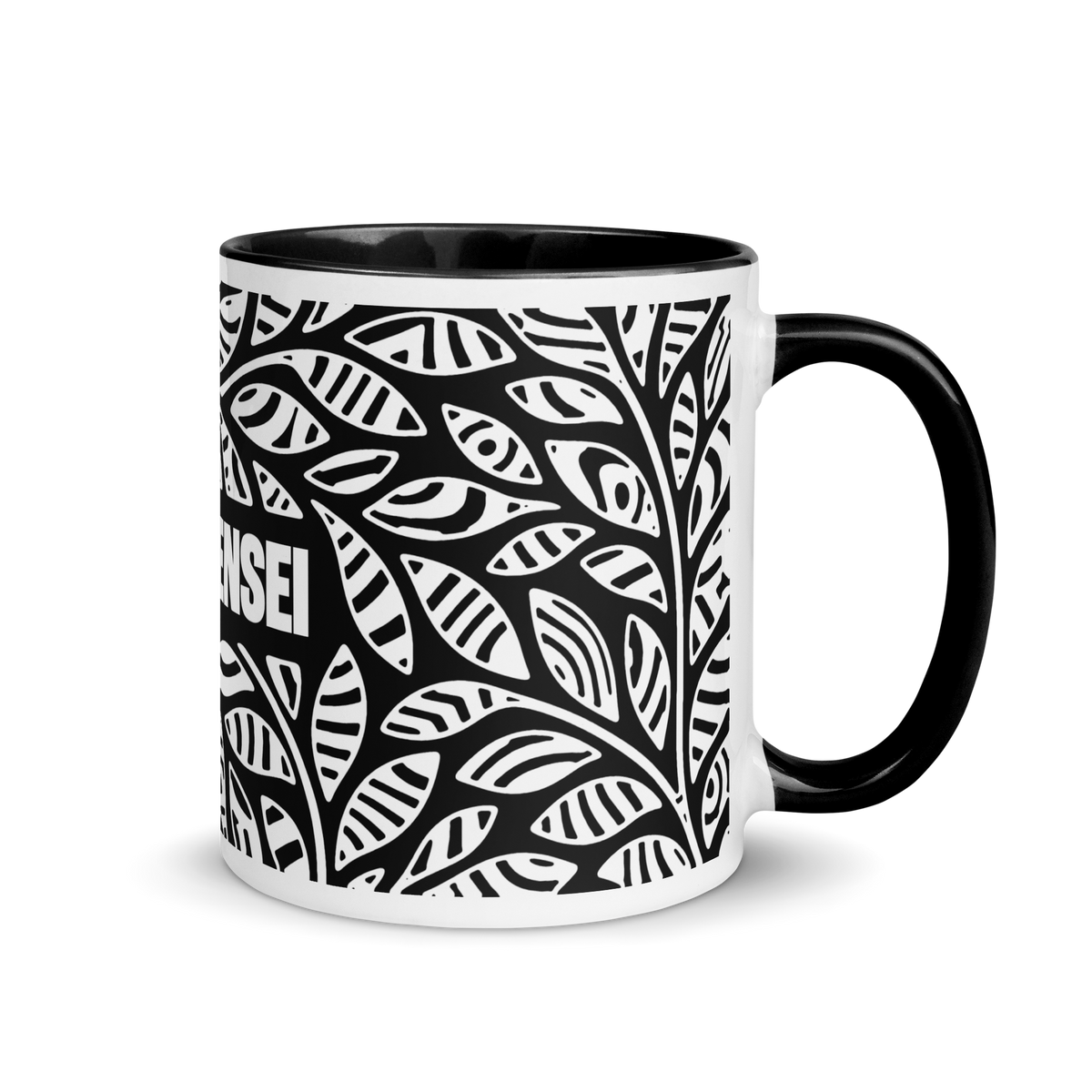Suminagashi Black Leaf Mug viewed from the right, showing the black handle and wraparound leaf pattern